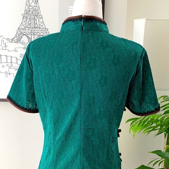 💚Stylish Patterned Shirtsleeves Qipao Emerald Green - Picture 5 of 8